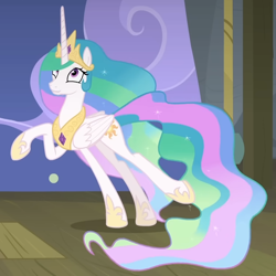 Size: 750x750 | Tagged: safe, edit, edited screencap, screencap, princess celestia, alicorn, pony, g4, horse play, my little pony: friendship is magic, cropped, cute, cutelestia, female, folded wings, graceful, horn, jewelry, mare, pose, raised hoof, regalia, solo, wings