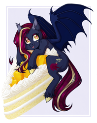 Size: 2899x3686 | Tagged: safe, artist:artemis moore, oc, oc only, oc:nightingale ode, bat pony, pony, g4, bat pony oc, bat wings, birthmark, blue body, cake, cake slice, colored belly, colored hooves, ear fluff, ear tufts, eating, fangs, female, food, fruit, hat, heart, herbivore, hooves, mango, mare, passepartout, red hair, solo, tiny, tiny ponies, violet background, wings, yellow eyes