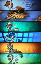 Size: 1497x2336 | Tagged: safe, artist:ramiras, oc, oc only, oc:calamity, oc:homage, oc:littlepip, oc:steelhooves, oc:velvet remedy, oc:xenith, earth pony, pegasus, pony, unicorn, zebra, fallout equestria, armor, cheek fluff, chest fluff, ear fluff, female, gritted teeth, gun, horn, male, mare, microphone, narrowed eyes, power armor, rifle, shoulder fluff, stallion, teeth, weapon, zebra oc