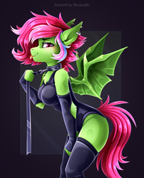 Size: 2016x2500 | Tagged: safe, artist:buvanybu, oc, oc only, bat pony, anthro, big breasts, breasts, clothes, collar, commission, female, leash, leotard, solo, ych result