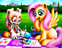 Size: 2160x1669 | Tagged: safe, artist:jac59col, angel bunny, fluttershy, chao, pegasus, pony, rabbit, g4, angry, animal, cream the rabbit, crossover, cute, cutie mark, embarrassed, female, grass, grass field, hug, mountain, mountain range, quilt, sonic the hedgehog (series), tree