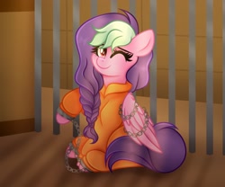 Size: 3000x2500 | Tagged: safe, artist:sweet cream, oc, oc only, oc:galactic lights, pegasus, clothes, cuffs, jail, jail cell, one eye closed, pegasus oc, prison, prison cell, prison outfit, prisoner, shackles, solo, wink