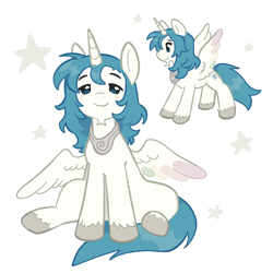 Size: 2000x2000 | Tagged: safe, artist:cupidcry, oc, oc only, alicorn, pony, alicorn oc, blue eyes, blue mane, blue tail, blush lines, chin fluff, closed mouth, colored hooves, colored lineart, colored wings, colored wingtips, eyebrows, feathered wings, foreshortening, full body, gray hooves, high res, hooves, horn, looking at you, looking forward, multicolored wings, multicolored wingtips, multiple views, peytral, ponysona, side view, sitting, smiling, smiling at you, solo, spread wings, standing, starry background, stars, tail, unshorn fetlocks, white background, white coat, wings