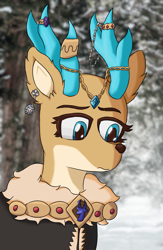 Size: 1423x2187 | Tagged: safe, oc, oc only, oc:elain olsen, deer, equestria at war mod, alternate universe, antlers, black coat, blue eyes, bust, jewelry, olenia, portrait, snow