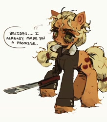 Size: 1080x1231 | Tagged: safe, artist:p0nyplanet, applejack, earth pony, pony, g4, clothes, crossover, dishevelled, female, jacket, machete, mare, missing accessory, rick grimes, solo, the walking dead, weapon