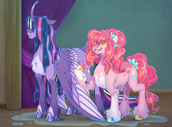 Size: 4728x3500 | Tagged: safe, artist:honkhonkbonk, pinkie pie, twilight sparkle, alicorn, earth pony, pony, g4, horse play, my little pony: friendship is magic, alternate design, alternate eye color, alternate hairstyle, alternate tailstyle, blaze (coat marking), chest fluff, cloven hooves, coat markings, colored belly, colored ears, colored eyelashes, colored hooves, colored horn, colored pinnae, colored pupils, colored wings, countershading, curly mane, curly tail, curved horn, drenched, duo, duo female, ears back, eye clipping through hair, eyebrows, eyebrows visible through hair, facial markings, female, frown, gradient wings, hair over eyes, hair tie, height difference, heterochromia, hock fluff, hooves, horn, indoors, leonine tail, long horn, long mane, long tail, mane tie, mare, mismatched hooves, multicolored hooves, multicolored mane, multicolored tail, multicolored wings, pale belly, pink mane, pink tail, ponytail, puddle, purple coat, purple hooves, purple wings, raised hoof, redesign, reference at source, scene interpretation, scrunchie, shiny hooves, shiny mane, shiny tail, smiling, socks (coat markings), splotches, standing, standing on three hooves, straight mane, straight tail, striped mane, striped tail, tail, tail tie, three toned mane, three toned tail, tied mane, tooth gap, twilight sparkle (alicorn), unicorn horn, unshorn fetlocks, wet, wet mane, wet tail, wing fluff, wings, wings down