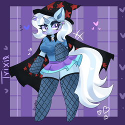 Size: 3000x3000 | Tagged: safe, artist:nixie_paws, trixie, unicorn, anthro, unguligrade anthro, my little romance - the great & powerful, g4, arm hooves, blushing, breasts, cape, clothes, female, fishnet clothing, fishnet stockings, hat, heart, horn, passepartout, skirt, solo, stockings, thigh highs, trixie's cape, trixie's hat, zettai ryouiki