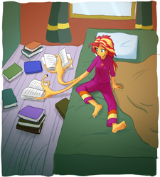 Size: 1242x1380 | Tagged: safe, artist:siemensohm, sunset shimmer, human, equestria girls, g4, barefoot, bed hair, body horror, book, crossover, duo, feet, female, indoors, migi, not salmon, parasyte, passepartout, reading, voice actor joke, wat