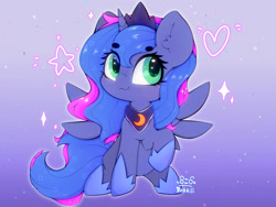 Size: 4000x3000 | Tagged: safe, artist:zokkili, princess luna, alicorn, pony, g4, :3, crown, ear fluff, eye clipping through hair, eyebrows, eyebrows visible through hair, female, gradient background, heart, hoof shoes, horn, jewelry, peytral, princess shoes, raised hoof, regalia, solo, sparkles, spread wings, starry eyes, wingding eyes, wings