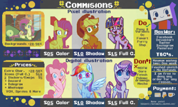 Size: 3200x1920 | Tagged: safe, artist:boxwari, applejack, fluttershy, pinkie pie, rainbow dash, rarity, twilight sparkle, earth pony, pegasus, pony, unicorn, g4, advertisement, colored, commission, commission info, commission open, digital art, female, flat colors, full color, high res, horn, lying down, mane six, mare, pixel art, price list, price sheet, price tag, prone, sketch, text, wings