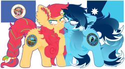 Size: 1889x1052 | Tagged: safe, artist:vanillaswirl6, oc, oc only, oc:minnesota, earth pony, vanillaswirl6's state ponies, annoyed, comparison, flag, glasses, minnesota, redesign, simple background, transparent background, united states