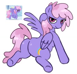 Size: 1045x1003 | Tagged: safe, artist:sparjechkaa, rainbowshine, pegasus, pony, g4, butt, chest fluff, female, hoof on head, looking at you, looking back, mare, plot, smiling, smiling at you, underhoof