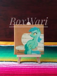 Size: 960x1280 | Tagged: safe, artist:boxwari, lyra heartstrings, pony, unicorn, g4, acrylic painting, bench, easel, female, horn, looking at you, mare, meme, no pupils, sitting, sitting lyra, smiling, smiling at you, solo, traditional art