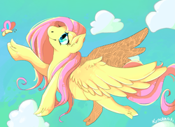 Size: 3507x2550 | Tagged: safe, artist:koneko, fluttershy, butterfly, pegasus, pony, g4, cloud, female, flying, high res, mare, sky, smiling, solo, unshorn fetlocks