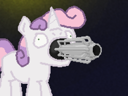 Size: 800x600 | Tagged: safe, artist:capital-asterisk, sweetie belle, pony, unicorn, g4, 200 bit fish, blank flank, dalek, doctor who, female, filly, foal, horn, mouth hold, pinpoint eyes, solo, wat, weapon