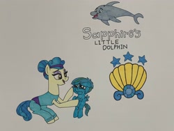 Size: 4032x3024 | Tagged: safe, artist:dylanwayneburk, sapphire shores, oc, oc:nimbus echo, dolphin, earth pony, pegasus, g4, 5 years old, adopted, adopted offspring, bow, child, clothes, colt, comfort, crying, cutie mark, fanfic art, female, foal, hair bow, headband, heartbreak, holding hooves, leotard, male, mother, mother and child, mother and son, motherly love, parent:sapphire shores, pegasus oc, sad, simple background, sitting, spandex, teary eyes, title card, traditional art, unitard, wiping tears, workout outfit