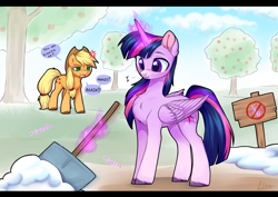 Size: 3385x2396 | Tagged: safe, artist:lina, applejack, twilight sparkle, alicorn, earth pony, pony, g4, my little pony: friendship is magic, apple, apple tree, duo, duo female, emanata, female, looking at each other, looking at someone, magic, magic aura, outdoors, pony racism, shovel, sign, signature, snow, speech bubble, sweeping, telekinesis, text, tradition, tree, twilight sparkle (alicorn), winter wrap up (event)
