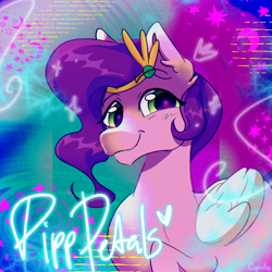 Size: 2048x2048 | Tagged: safe, artist:cupute, pipp petals, pegasus, pony, g5, 80s, abstract background, adorapipp, album cover, big ears, colored wings, crescent moon, cute, diadem, doodles, ear fluff, ears up, female, folded wings, gradient background, green eyes, heart, jewelry, looking at you, mare, moon, pink coat, purple mane, regalia, shading, shapes, shiny mane, signature, smiling, smiling at you, smirk, solo, sparkles, stars, wings, writing