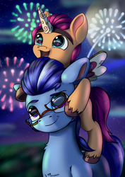 Size: 2480x3508 | Tagged: safe, artist:playful wings, argyle starshine, sunny starscout, earth pony, pony, g5, cute, duo, duo male and female, fake alicorn, fake horn, fake wings, father and child, father and daughter, female, filly, filly sunny starscout, fireworks, foal, glasses, male, night, night sky, open mouth, open smile, outdoors, piggyback ride, ponies riding ponies, riding, riding a pony, sky, smiling, stallion, stars, sunnybetes, unshorn fetlocks, younger