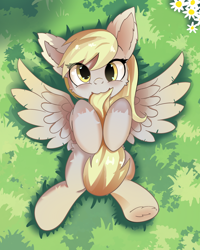 Size: 1600x2000 | Tagged: safe, alternate version, artist:sirbreadstick99, derpy hooves, pegasus, pony, g4, :3, biting, cute, daaaaaaaaaaaw, derpabetes, derpy day, ear fluff, event, eye clipping through hair, female, flower, grass, grass field, happy, hoof fluff, hoof hold, looking at you, lying down, mailmare, nom, outdoors, pegasus wings, sirbreadstick99 is trying to murder us, solo, spread wings, sweet dreams fuel, tail, tail bite, tail in mouth, weapons-grade cute, wings
