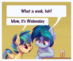 Size: 1500x1251 | Tagged: safe, artist:candy meow, oc, oc only, oc:apogee, oc:delta vee, pegasus, pony, cheek fluff, chest fluff, comic, dialogue, duo, ear fluff, female, filly, foal, glass, looking at someone, looking down, mare, meme, mother and child, mother and daughter, passepartout, speech bubble, table, text, the adventures of tintin, tintin, tired, what a week