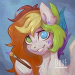 Size: 1280x1280 | Tagged: safe, artist:druf, artist:druf_draws, oc, oc only, oc:humble heart, pegasus, pony, blue eyes, bust, commission open, digital art, female, green eyes, heterochromia, light skin, looking at you, mare, multicolored hair, paint spots, paintbrush, portrait, rainbow hair, raised hoof, signature, smiling, solo, soul kids