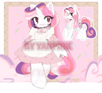 Size: 1488x1353 | Tagged: safe, artist:colorspaint15, oc, oc only, pony, unicorn, anthro, g4, abstract background, adoptable, blushing, candy, candy background, clothes, curly mane, dress, female, food, horn, ice cream, long mane, looking at you, mare, pink dress, pink eyes, pink mane, purple streak, smiling, smiling at you, solo, sweet, toyhouse
