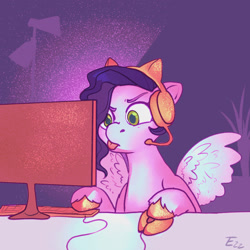 Size: 1415x1415 | Tagged: safe, artist:zihette, pipp petals, pegasus, pony, g5, :p, computer, computer mouse, female, gamer pipp, headset, indoors, keyboard, mare, monitor, screen, solo, spread wings, tongue out, wings