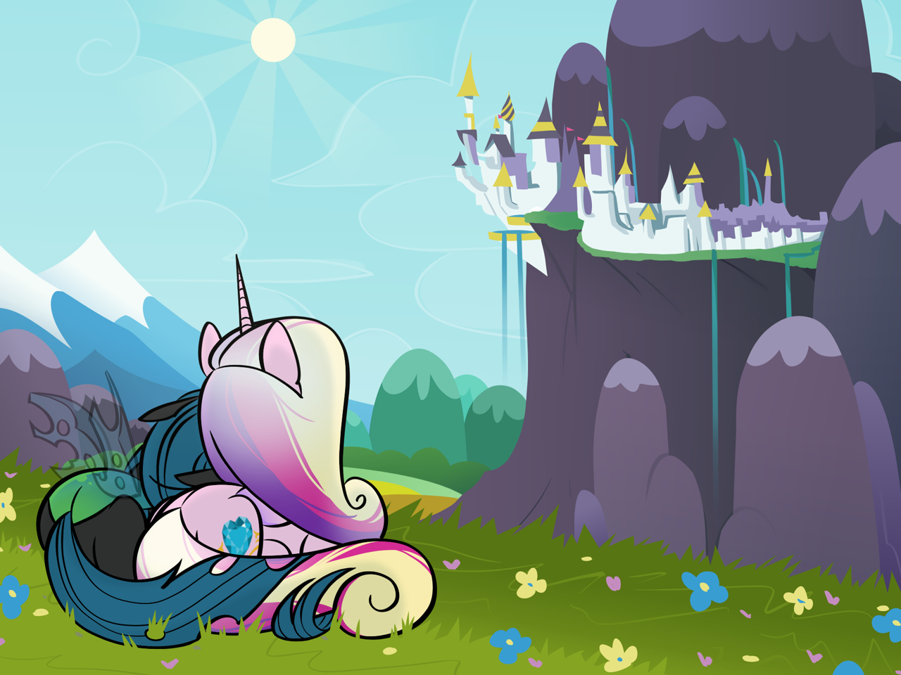Chrysalis and Cadance sitting on a hill looking out over equestria