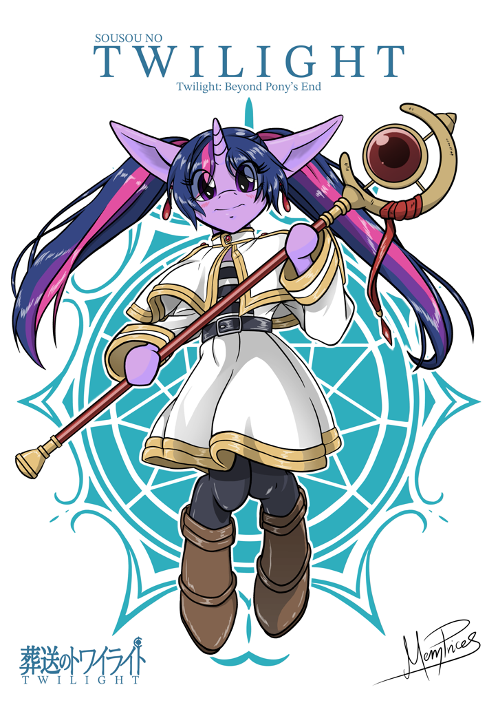 #3615975 - safe, alternate version, artist:memprices, twilight sparkle, unicorn, semi-anthro, g4, boots, clothes, cosplay, costume, crossover, ear piercing, earring, elf ears, frieren, frieren: beyond journey's end, high res, horn, jewelry, levitation, lo