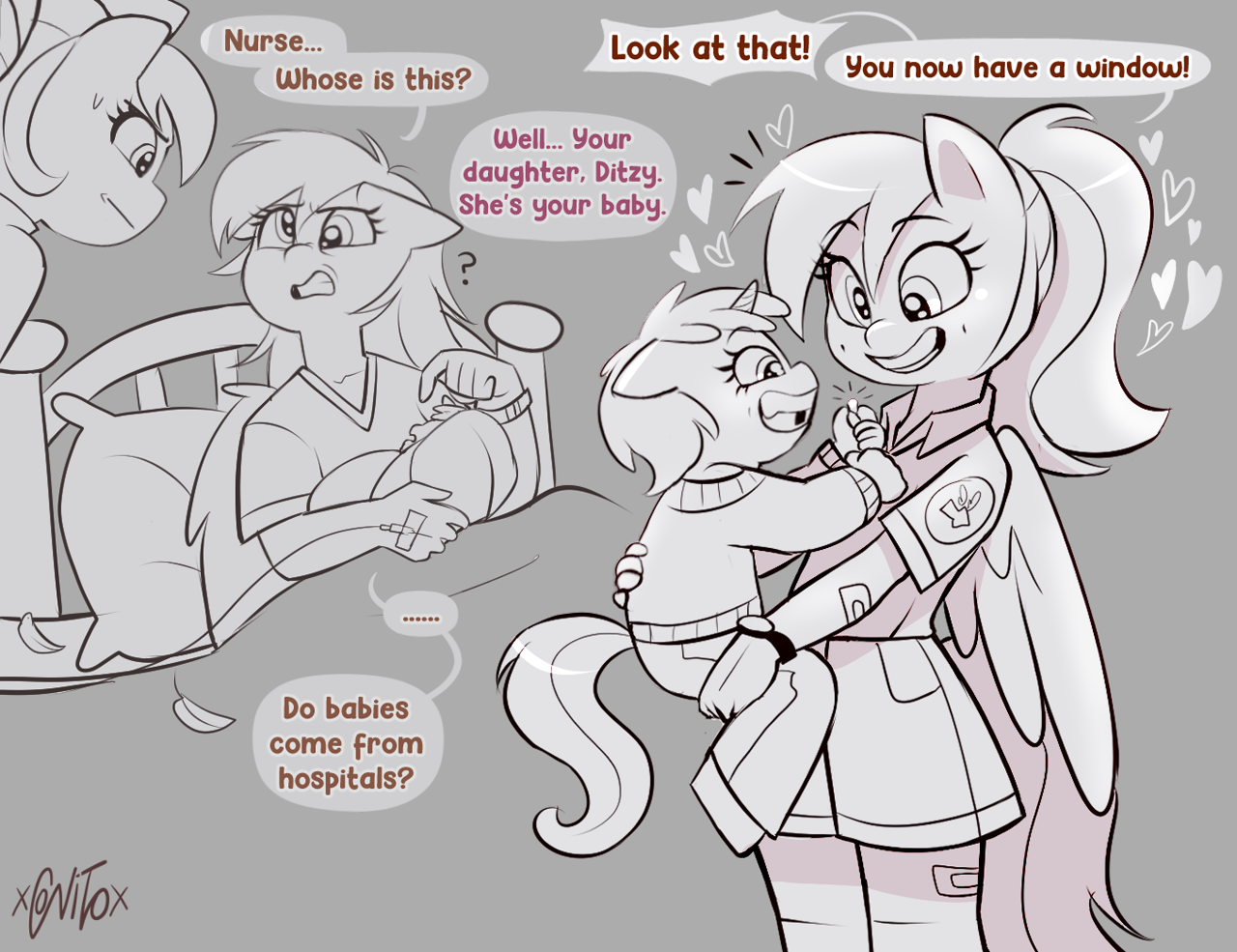 Two-part sketch of (1) Derpy Hooves in a hospital bed, confused and somehow unaware that a newborn Dinky is her daughter (to Nurse Redheart's consternation; (2) Derpy holding up a young Dinky Hooves, both smiling, Dinky showing off her first lost tooth.