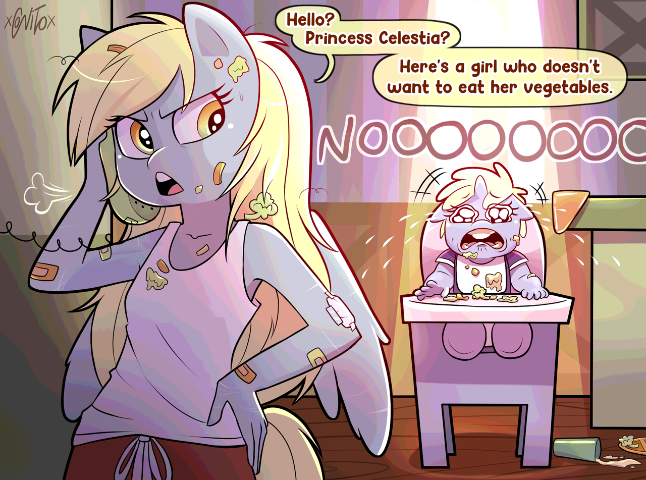 Derpy Hooves in her kitchen, pretending to call Princess Celestia herself on the phone, to report that a young Dinky won't eat her vegetables.  Dinky screams and cries cartoonishly in protest.