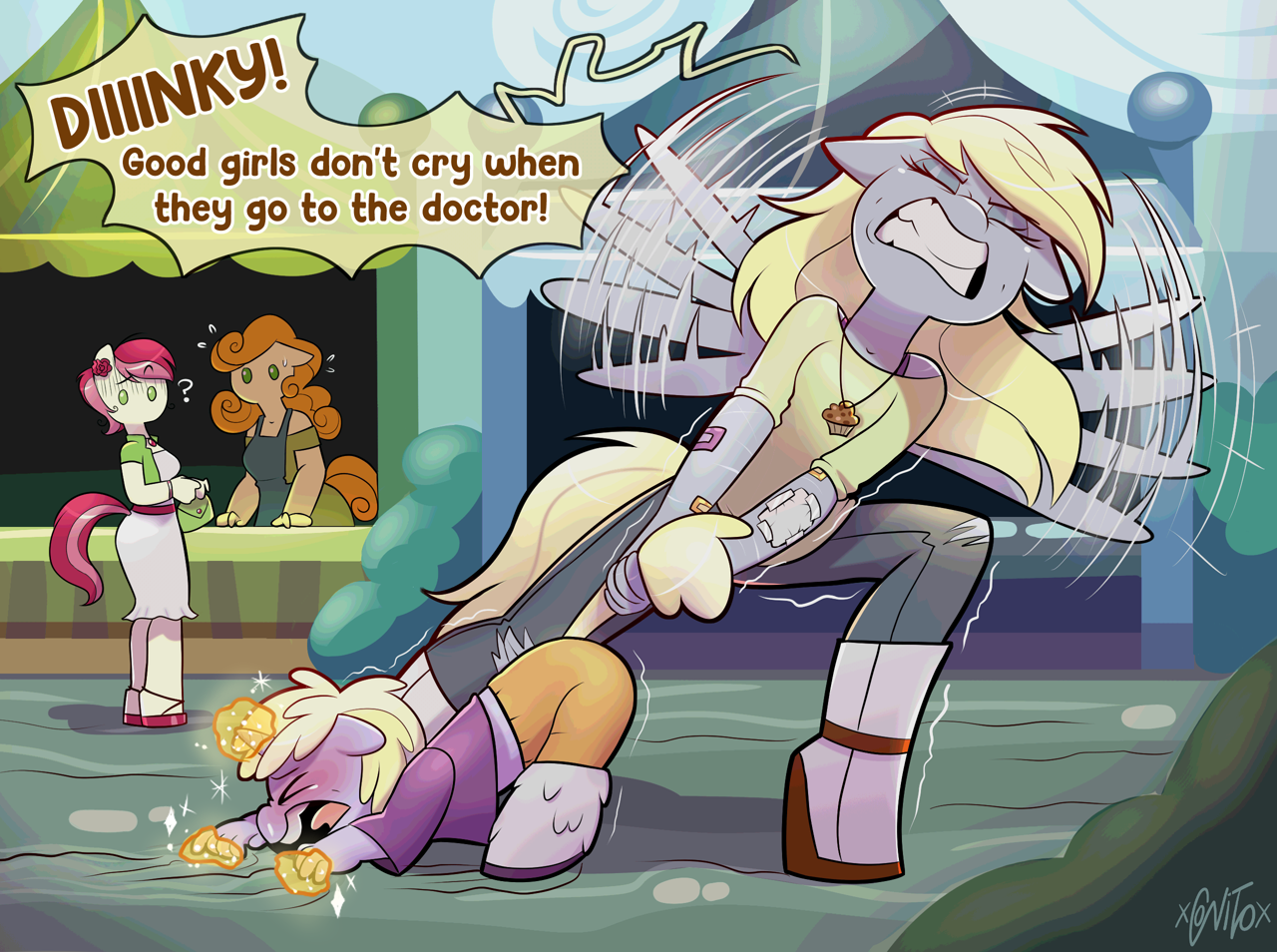 A scene from an Anthro version of MLP Gen4, where Derpy Hooves is cartoonishly struggling to drag her young daughter Dinky Hooves to a doctor's appointment, wings flapping mightily to little avail.  Dinky is screaming and holding herself back with her magic.  In the background, Carrot Top and Rose observe the mother-daughter antics with moderate concern.