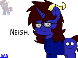 Size: 3252x2439 | Tagged: safe, artist:dansproblems, oc, oc only, oc:dane, pony, unicorn, pony town, :c, >:c, angry, clothes, female, frown, glasses, hoodie, horns, mare, neigh, ponysona, pouting, simple background, solo, white background