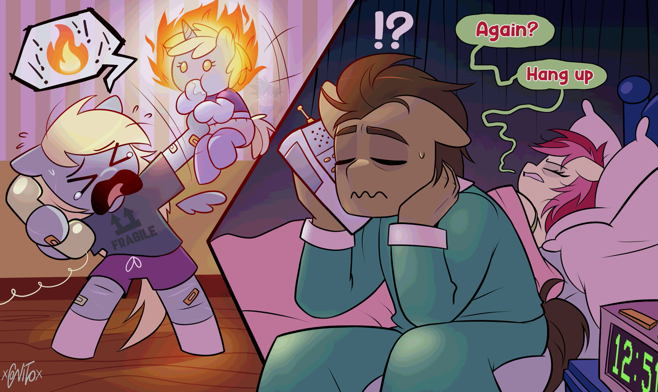 A freaking-out Derpy Hooves on the phone, holding up baby Dinky Hooves, who is quite placcid despite her head being on fire.  On the other end of the phone line is an exhausted Doctor Whooves and Roseluck, both having just been woken up in the middle of the night by Derpy's call.