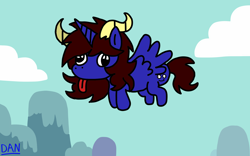 Size: 1928x1200 | Tagged: safe, artist:dansproblems, oc, oc only, oc:dane, alicorn, pony, unicorn, autism, autistic, autistic oc, bleh, cloud, cute, derp, horn, horns, mountain, outdoors, sky background, solo, stupid, tongue out, unicorn to alicorn, wings