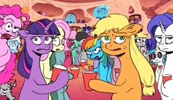 Size: 1200x692 | Tagged: safe, artist:mareoinaddict, applejack, cheerilee, derpy hooves, discord, dj pon-3, fluttershy, lyra heartstrings, octavia melody, pinkie pie, rainbow dash, rarity, starlight glimmer, twilight sparkle, vinyl scratch, earth pony, pegasus, pony, unicorn, g4, bipedal, concerned, cringing, cup, featured image, golden oaks library, hatless, hoof hold, horn, indoors, looking at you, mane six, meme, meme reference, missing accessory, no catchlights, ponified, ponified meme, reaction image, red solo cup, reference in the comments, s5 starlight, unamused, unicorn twilight, vulgar description, you got the whole squad laughing