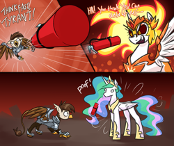 Size: 2907x2442 | Tagged: safe, artist:moonatik, daybreaker, princess celestia, oc, oc:darien platecrête, alicorn, griffon, pony, g4, 3 panel comic, action pose, armor, colored sketch, comic, crown, female, fire extinguisher, griffon oc, helmet, hoof shoes, jewelry, mare, peytral, princess shoes, regalia, sketch, solo