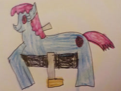 Size: 1280x960 | Tagged: safe, artist:humanmuck, fruit pack, ruby splash, earth pony, pony, g4, my little pony: friendship is magic, background pony, crayon drawing, cute, diafruits, female, kiddie ride, mare, ride, simple background, solo, traditional art, white background