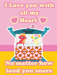 Size: 2160x2880 | Tagged: safe, anonymous artist, big macintosh, fluttershy, earth pony, pegasus, pony, series:fm holidays, g4, alternate hairstyle, bags under eyes, bed, duo, duo male and female, ear plugs, eyes closed, female, frown, heart, high res, holiday, in bed, lineless, male, mare, onomatopoeia, open mouth, overhead view, ship:fluttermac, shipping, short mane, sleeping, snoring, sound effects, stallion, straight, text, valentine's day, valentine's day 2026, valentine's day card, zzz