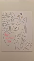 Size: 2252x4000 | Tagged: safe, artist:andy price, princess cadance, alicorn, pony, g4, commission, female, holiday, photo, princess of shipping, shipper on deck, solo, speech bubble, traditional art, valentine's day