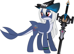 Size: 2817x2067 | Tagged: safe, artist:bnau, derpibooru exclusive, orca, orca pony, original species, pony, arknights, crossover, dorsal fin, expressionless face, female, fins, hat, infection monitor, long mane, looking back, mare, pale belly, ponified, simple background, skadi (arknights), solo, standing, sword, transparent background, vector, weapon, wristband