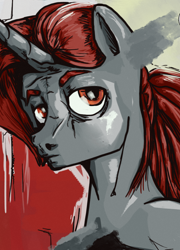 Size: 698x971 | Tagged: safe, artist:aaronmk, oc, oc:protege, unicorn, bust, disco elysium, horn, missing accessory, ponytail, portrait, unicorn oc