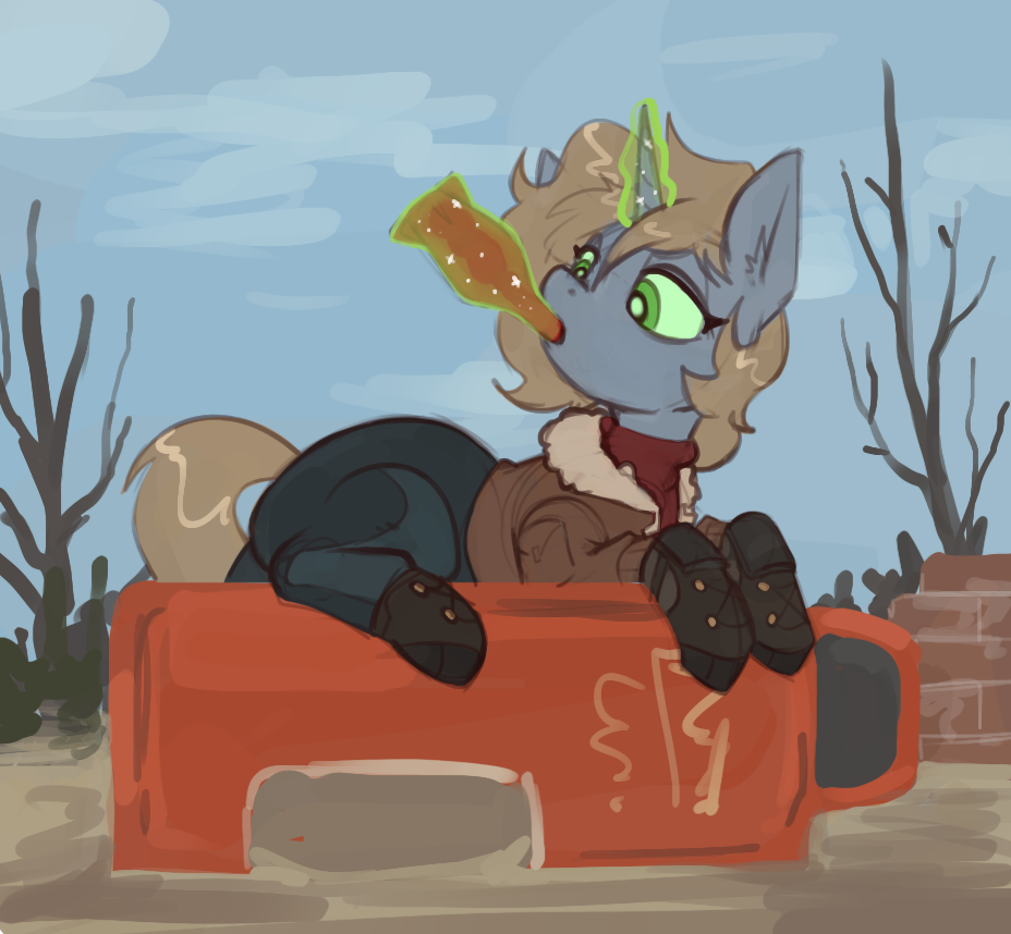 #3780186 - safe, artist:marsminer, oc, oc only, oc:eighties, pony, unicorn, fallout equestria, boots, clothes, fallout, female, glowing, glowing horn, horn, lying down, magic, nuka cola, outdoors, prone, shoes, solo - Derpibooru