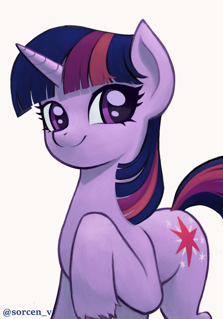 #3780498 - safe, artist:sorcen_v, twilight sparkle, pony, unicorn, g4, backwards cutie mark, female, happy, horn, looking at you, mare, purple coat, purple eyes, purple mane, raised hoof, simple background, smiling, smiling at you, solo, unicorn twilight,