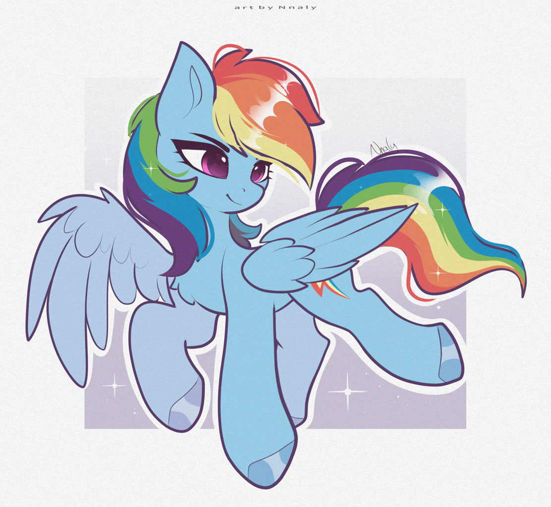 #3781069 - safe, artist:nnaly, rainbow dash, pegasus, pony, g4, eyebrows, female, gradient background, mare, noise, one wing out, passepartout, quadrupedal, signature, solo, wings - Derpibooru