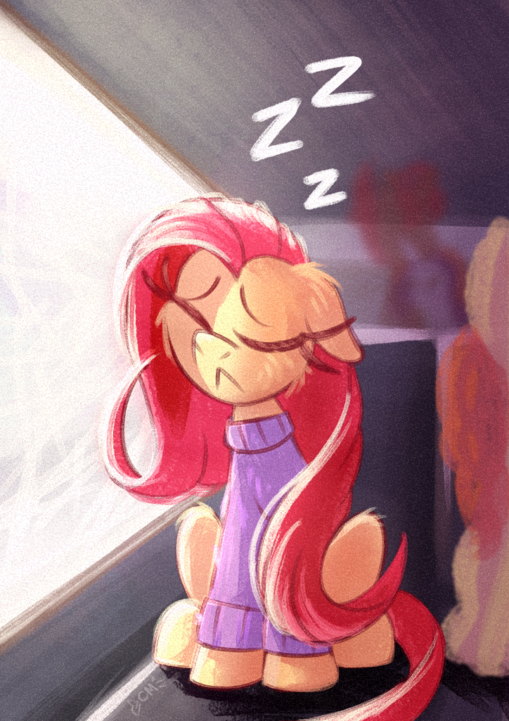 #3781234 - safe, artist:candy meow, fluttershy, oc, pegasus, pony, series:candy meow's daily fluttershy, g4, bus, cheek fluff, clothes, ear fluff, female, floppy ears, mare, noise, onomatopoeia, seat, sitting, sleeping, sound effects, sweater, sweatershy,
