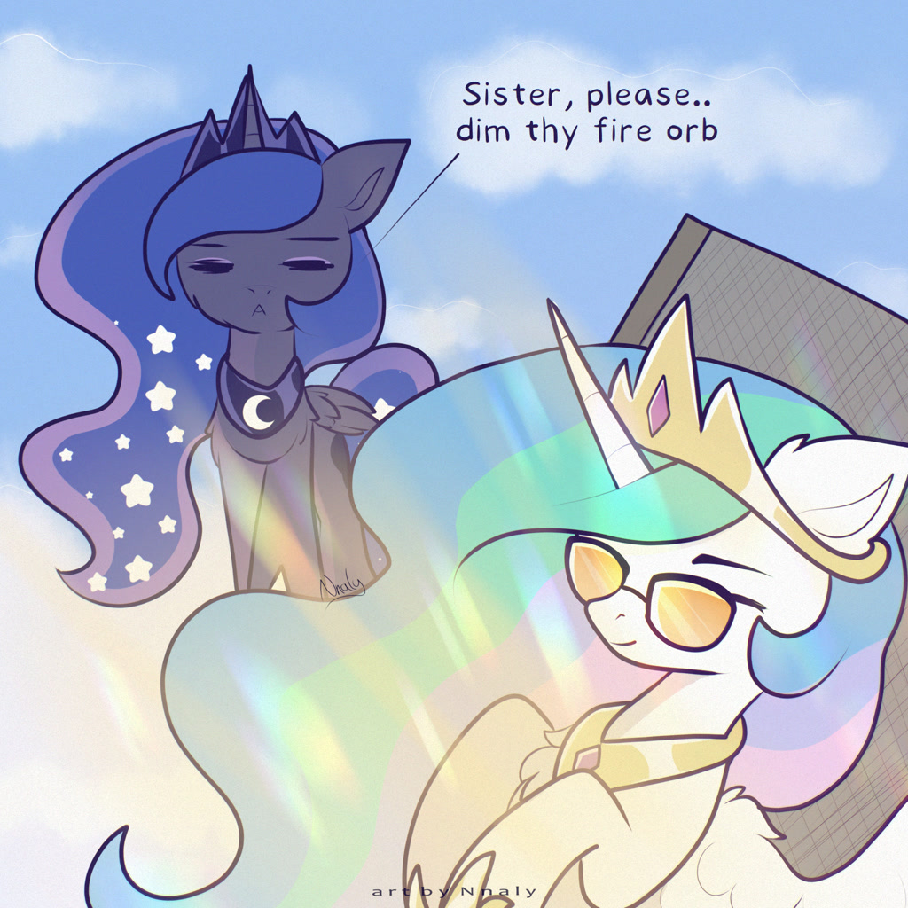 #3781836 - safe, artist:nnaly, princess celestia, princess luna, alicorn, pony, series:nnaly's daily luna, g4, :<, crown, duo, duo female, female, hoof shoes, jewelry, mare, outdoors, peytral, regalia, sunglasses - Derpibooru