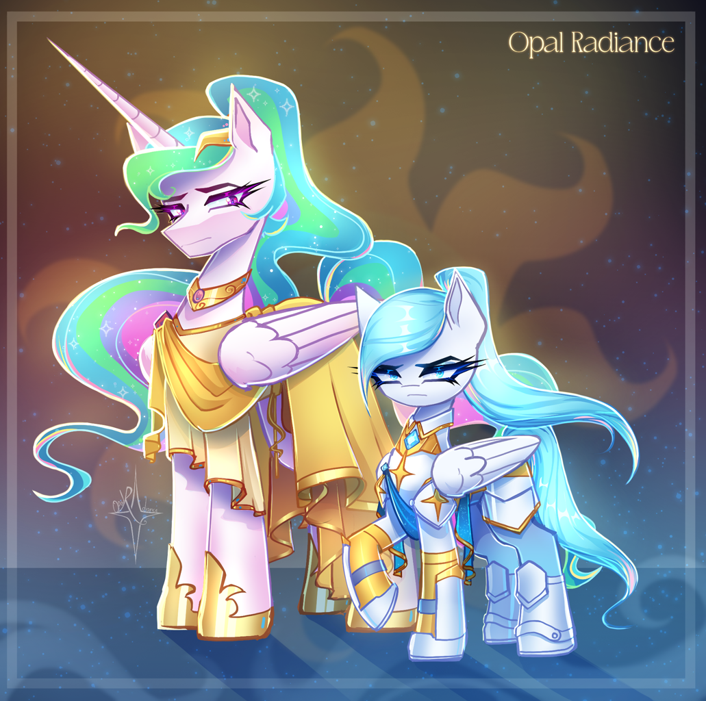 #3789295 - safe, artist:opal_radiance, princess celestia, oc, oc only, oc:opal rosamond, alicorn, pegasus, pony, unicorn, g4, armor, female, horn, mare, solo - Derpibooru