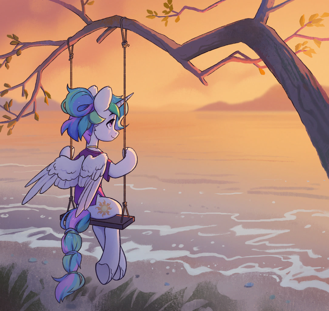 #3790623 - safe, artist:koviry, princess celestia, alicorn, pony, semi-anthro, g4, alternate hairstyle, alternate tailstyle, beach, cheek fluff, choker, clothes, crepuscular rays, detailed background, eyelashes, female, full body, high res, horn, human sh